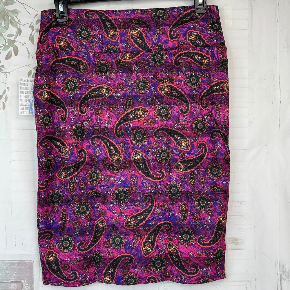 LuLaRoe Cassie Womens Pink Purple Paisley Pencil Stretch Casual Skirt Sz XL NEW